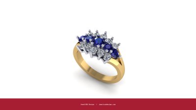 Yellow gold ring with blue sapphires and diamonds in a cluster setting - JewelCAD Design Bangkok