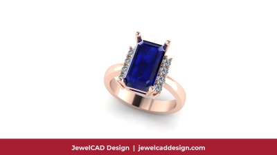 Rose gold ring with emerald cut blue sapphire and diamond accents - JewelCAD Design Bangkok