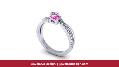 White gold three stone engagement ring with pink sapphire center and diamond side stones - JewelCAD Design Bangkok