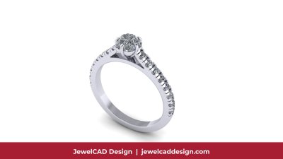 White gold diamond solitaire engagement ring with pavé band and four prong setting - JewelCAD Design Bangkok