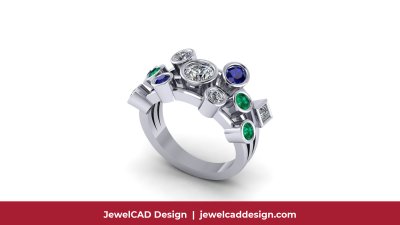 White gold ring featuring bezel-set diamonds, sapphires and emeralds in contemporary cluster design - JewelCAD Design Bangkok