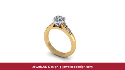 Yellow gold engagement ring with round brilliant diamond in white gold prong setting with side accent diamonds - JewelCAD Design Bangkok